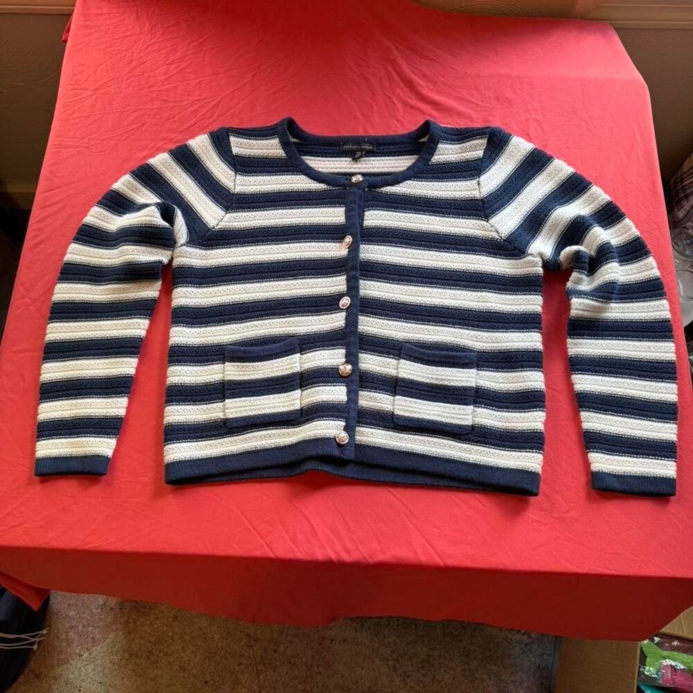 Saks Fifth Avenue Navy and white striped cardigan with pockets- Size Large